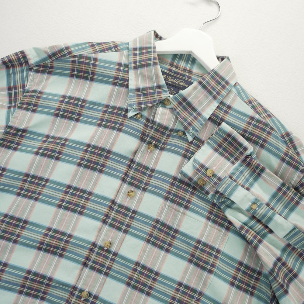 Brooks Brothers Mens XL Plaid Button Down Shirt Woven in Italy Blue Green Cotton